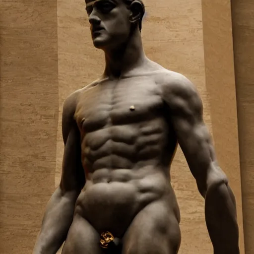 Image similar to rami malek as statue of ancient roman emperor, created by michelangelo, museum photoshot, 3 d photorealistic render, high resolution, 8 k