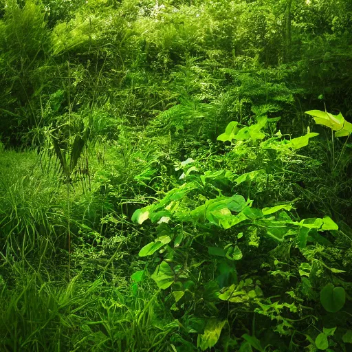 Prompt: a verdant overgrown space, shot on 70mm