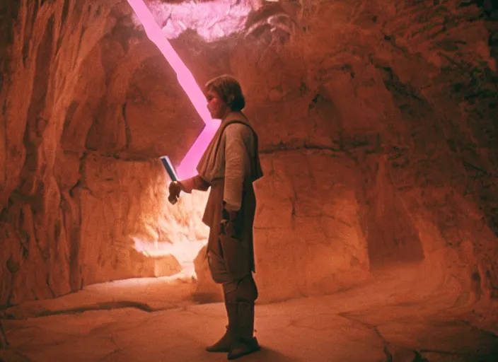 Image similar to detailed photo of Luke skywalker finding the ancient jedi texts. a dark pink hazy ethereal cave from Indiana jones, screenshot from the 1983 film, Photographed with Leica Summilux-M 24 mm lens, ISO 100, f/8, Portra 400