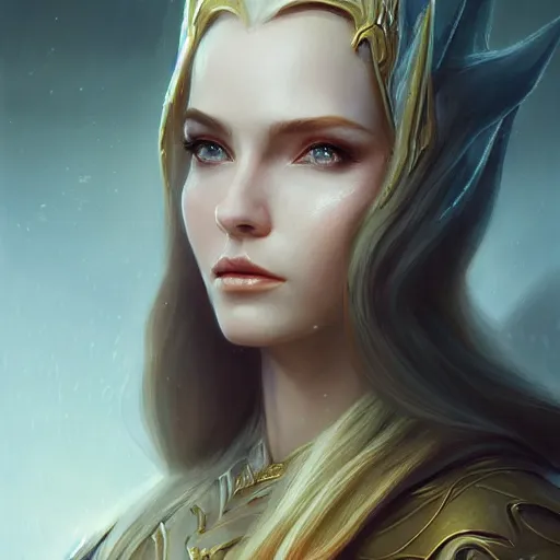 Image similar to Beautiful elegant regal high elf royalty portrait, face centered portrait, Confident, fog, volumetric lighting, beautiful, golden hour, sharp focus, ultra detailed, conceptartworld by Leesha Hannigan, Ross Tran, Thierry Doizon, Kai Carpenter, Ignacio Fernández Ríos