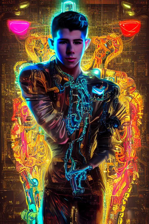 Image similar to full-body bladerunner neon rococo style sculpture of a handsome Spanish Nick Jonas as a half cibernetic android with a chest opening exposing circuitry and electric sparks, glowing laser beam eyes, crown of giant diamonds, flowing neon-colored silk, fabric, raptors. intricate artwork by caravaggio. Trending on artstation, industrial lighting , photorealistic, octane render, 8k, depth of field, 3D