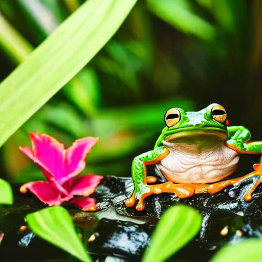 Prompt: a little frog surrounded by tropical plants, realistic, colorful photo, 8k