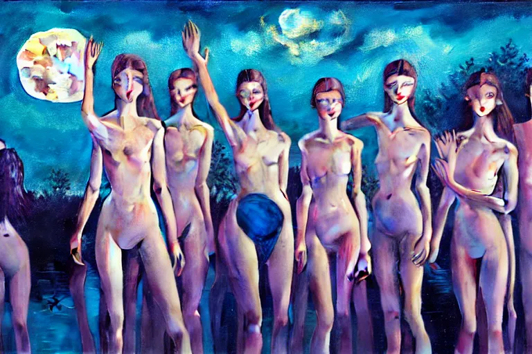 Image similar to 3 d, close - up, night, group of fashion models standing in a night lake with their hands raised to the bright moon, moon ryas, vogue cover style, intricate oil painting, high detail, figurative art, multiple exposure, poster art, 3 d, by stanley kubrick and tooth wu and wlop and beeple