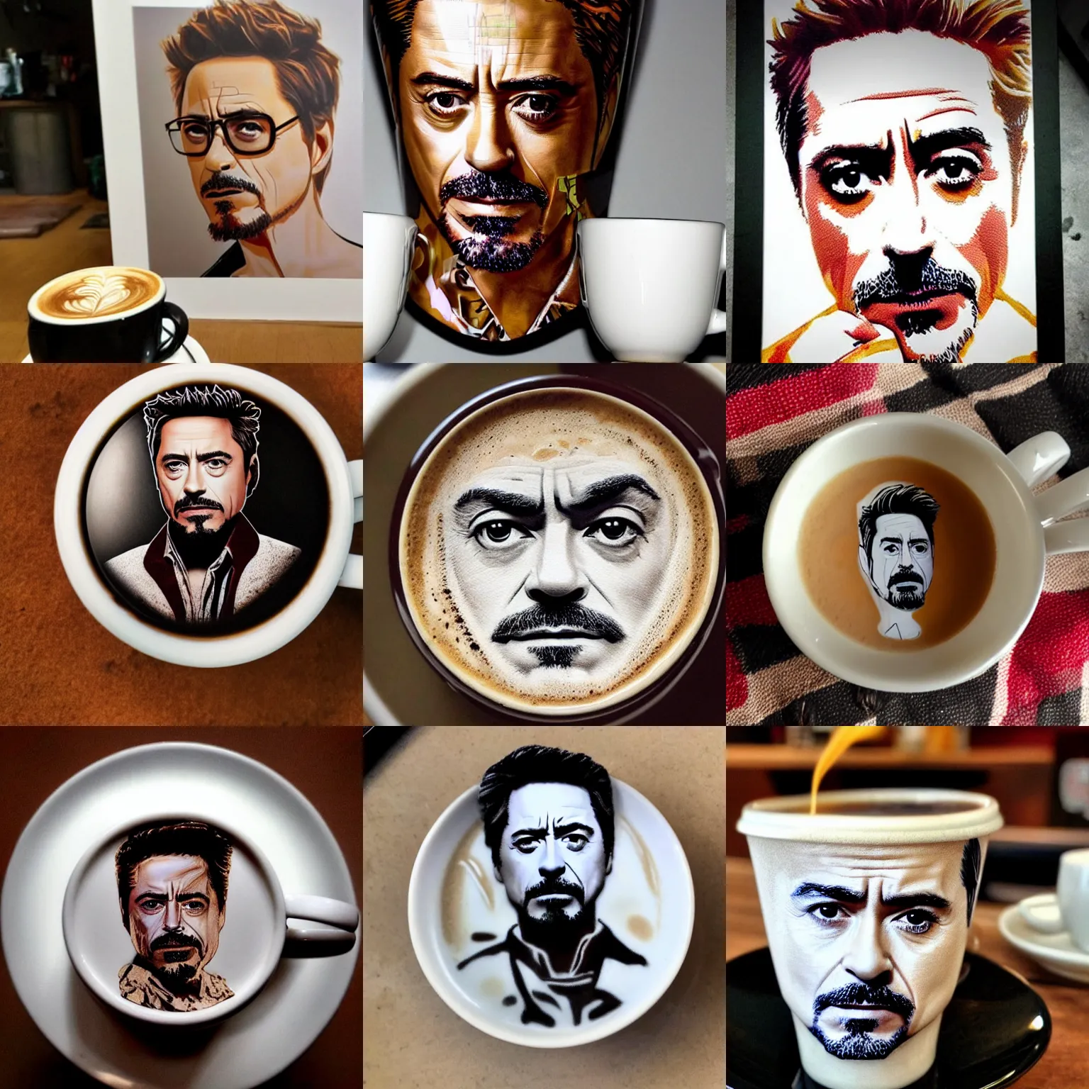 Prompt: high quality photo of a cup of coffee with latte art of robert downey jr, highly detailed, aesthetic