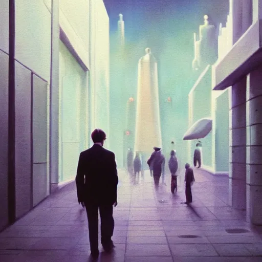 Image similar to a surreal pastel painting with a tilt - shift effect of a man walking through a science fiction - based city, dramatic lighting, depth of field, dreamy