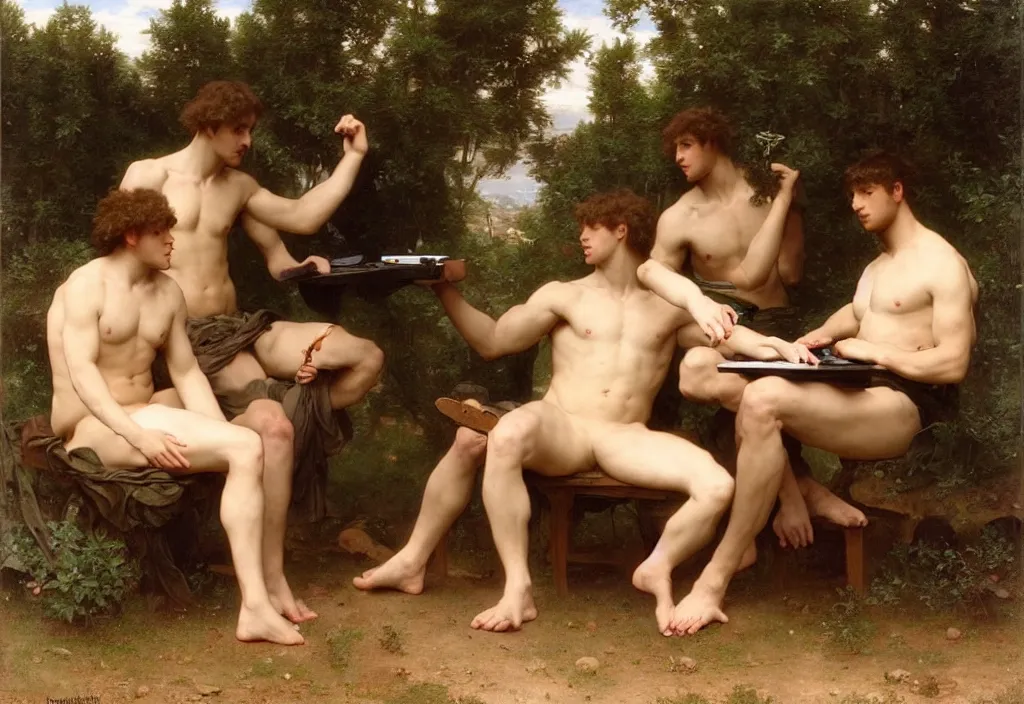 Image similar to pre-Raphaelite male muscular athletic gamers playing games on laptops by Bouguereau