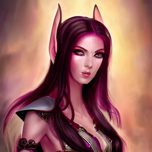 Image similar to portrait of a beautiful female high elf with magenta eyes and dark hair, digital art dnd beyond trending on art station 8 k