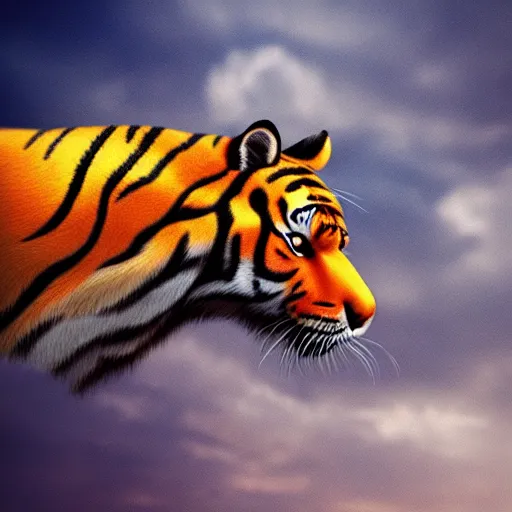 Image similar to tiger horse hybrid floating in the calm sky, trending in artstation, digital art, wow, stunning, high quality, 1 6 k, intrincate, very detailed, velvet fur