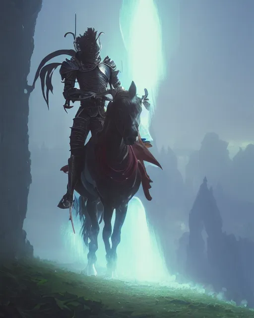 Image similar to highly detailed vfx portrait of a fantasy knight, stephen bliss, unreal engine, greg rutkowski, loish, rhads, beeple, makoto shinkai and lois van baarle, ilya kuvshinov, rossdraws, tom bagshaw, alphonse mucha, global illumination, detailed and intricate environment