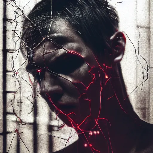 Image similar to a dark cyberpunk dream of wires broken skulls skin and decay, moody, hyperrealism, 8 k photo, atmospheric