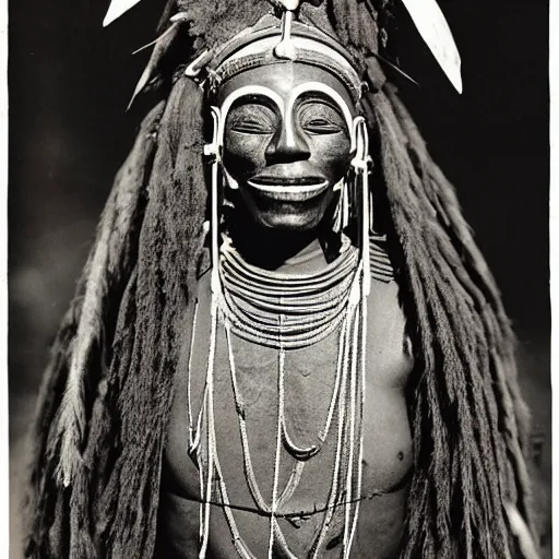 Prompt: vintage photo of a dogon shaman wearing an elaborate mask by edward s curtis, photo journalism, photography, cinematic, national geographic photoshoot