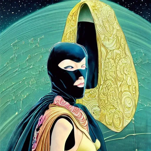 Prompt: beautiful portrait of the mysterious masked figure, futuristic, vogue cover, vogue poses, beautiful ornamental silk cape, intricate, highly detailed, masterful, fantasy world, sci fi world, in the style of moebius, akira toriyama, jean giraud, 8 k