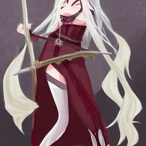 Image similar to D&D character concept. Elf female, with white long hair, red eyes, pale skin, in spandex and a kimono over it wielding a katana. Anime fantasy art style