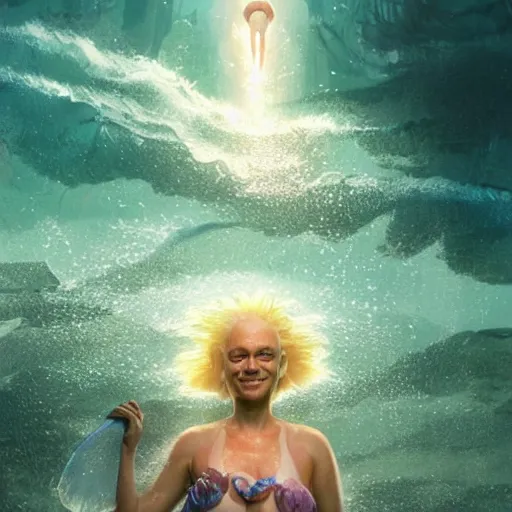 Image similar to doc brown as arielle the mermaid in water, studio ghibli, disney animation, sharp, anime key art by greg rutkowski, bloom, dramatic lighting