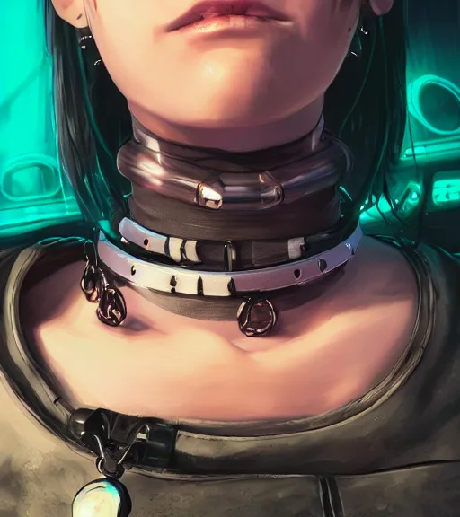 Image similar to detailed realistic female character cyberpunk wearing thick technological collar around neck, realistic, art, beautiful, 4K, collar, choker, collar around neck, punk, artstation, detailed, female, woman, choker, cyberpunk, neon, punk, collar, choker, collar around neck, thick collar, tight around neck, punk,