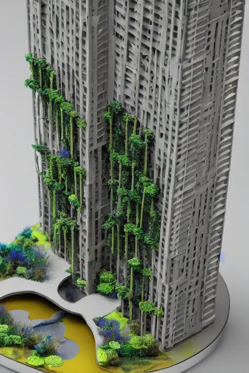 Image similar to 3 d printed physical model organic including more than one city into one vertical building model that sits on a table in a room with a view back with a golden rim details in the base, multiple stories, transparent, with vegetation, colorful, eye - level view, looking straigh ahead, 8 0 k, octane render, highly detailed 3 d render,