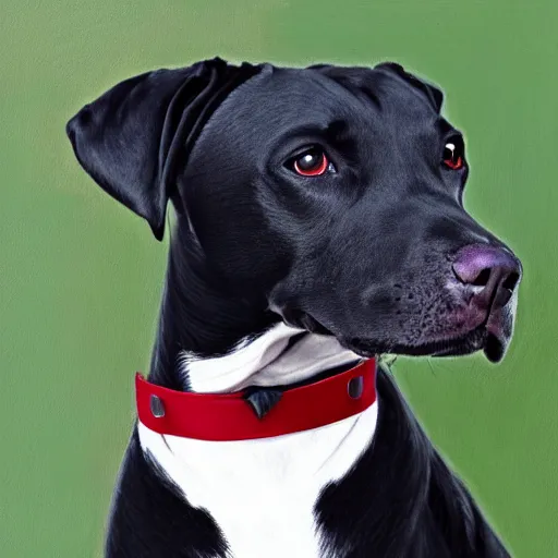 Prompt: painting of a black pitbull lab wearing red collar