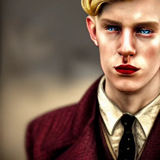 Image similar to A Hearts of Iron IV portrait of a blond young English male actor with high cheekbones. Dressed in 1940s style. Highly detailed, fine Art, high detail, great lighting, 8k resolution, masterpiece, concept art, illustration, clear eyes, painting oil on canvas, octane render, HDR, trending on artstation, 4k, 8k, HD