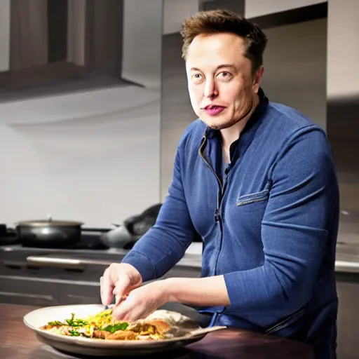 Image similar to picture of elon musk with blue eyes watching tv while cooking a meal, good lighted photo, sharp details, detailed, hd, hdr