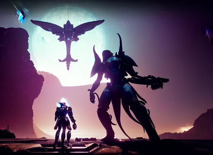 Prompt: highly detailed shot destiny 2 savathun and the traveller, rule of thirds, character focus, perfect composition, cinematic view, epic sky, detailed, concept art, low angle, high detail, warm lighting, volumetric, godrays, vivid, beautiful, by h. r giger, award winning photography