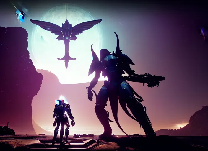 Image similar to highly detailed shot destiny 2 savathun and the traveller, rule of thirds, character focus, perfect composition, cinematic view, epic sky, detailed, concept art, low angle, high detail, warm lighting, volumetric, godrays, vivid, beautiful, by h. r giger, award winning photography