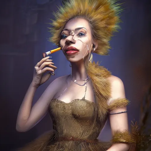 Prompt: a portrait of a hyena lady wearing a dress, smoking a cigarette, gorgeous, intricate, elegant, volumetric lighting, scenery, high detail digital art, smooth, tony sart, randy vargas, rembrandt, sharp focus, illustration, concept art
