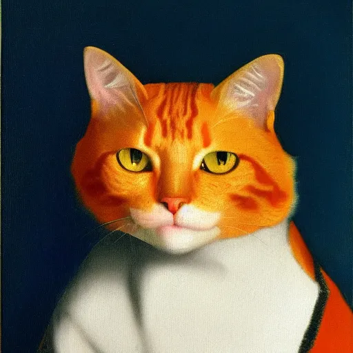 Image similar to an orange cat by jan vermeer, oil painting, highly detailed ， headshot, 8 k