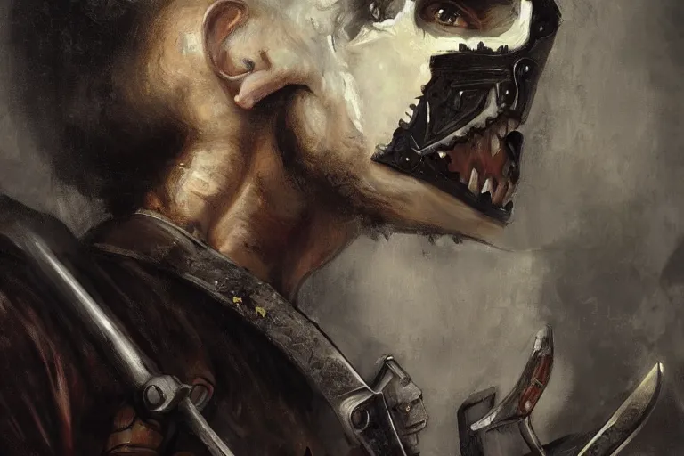 Prompt: portrait, realistic painting image about a templar knight has a chainsaw, versus a monster. dramatic scene, horror, dramatic lighting realism, created by gustave courbet and michaelangelo, trending in artstation, fine art, smooth draw with oil painting.