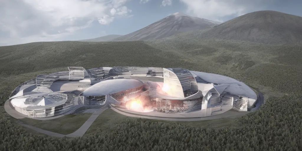 Image similar to Highly realistic arch-viz render for an ultra-modern Bond villain lair with rockets and laser turrets built into an active volcano