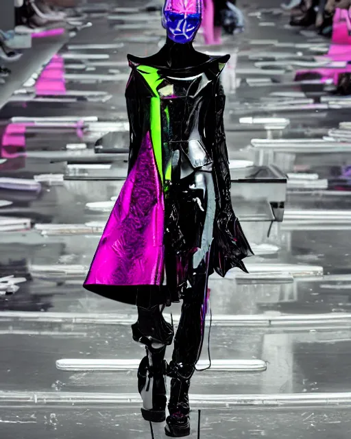 Image similar to an award winning fashion photograph of Balenciaga's fashion week 2049, cyberpunk, futuristic, Bladerunner 2049, dazzle camouflage!, dayglo pink, dayglo blue, raven black, corporate