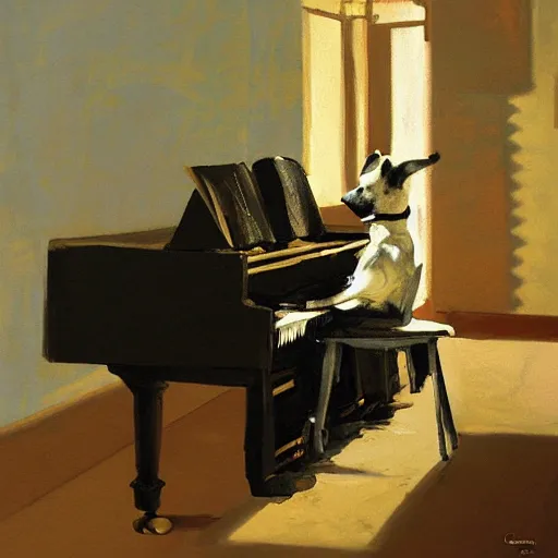 Prompt: a dog playing piano, painted by Craig Mullins