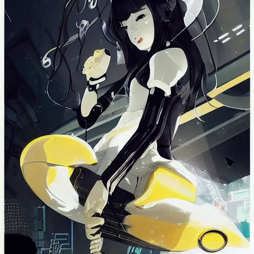 Image similar to luxury advertisement, white and yellow colors. highly detailed post-cyberpunk sci-fi close-up schoolirl in asian city in style of cytus and deemo, mysterious vibes, by Ilya Kuvshinov, by Greg Tocchini, nier:automata, set in half-life 2, beautiful with eerie vibes, very inspirational, very stylish, surrealistic, perfect digital art, mystical journey in strange world, bastion game