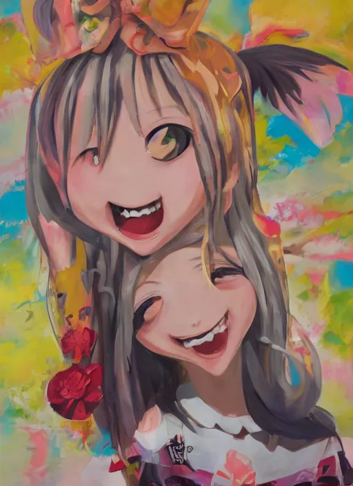 Prompt: a hyperrealistic oil painting of a kawaii anime girl figurine caricature with a big dumb grin featured on nickelodeon by dave mckean