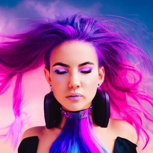 Image similar to a award winning action upper body portrait of a beautiful woman with a ombre purple pink hairstyle with head in motion and hair flying, choker, outrun, vaporware, vivid colors, highly detailed, fine detail, intricate