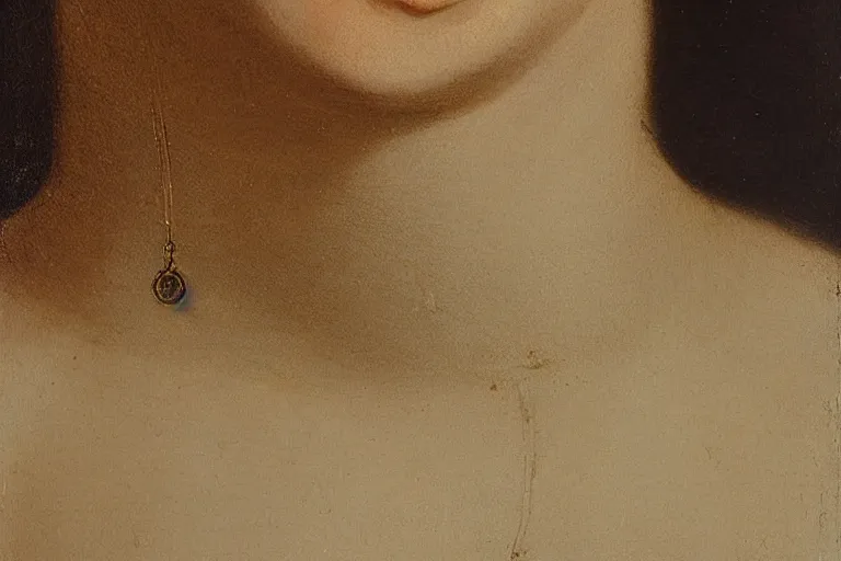 Prompt: portrait of a female, closeup of neck, wearing a neckless with Saturn as the pendant