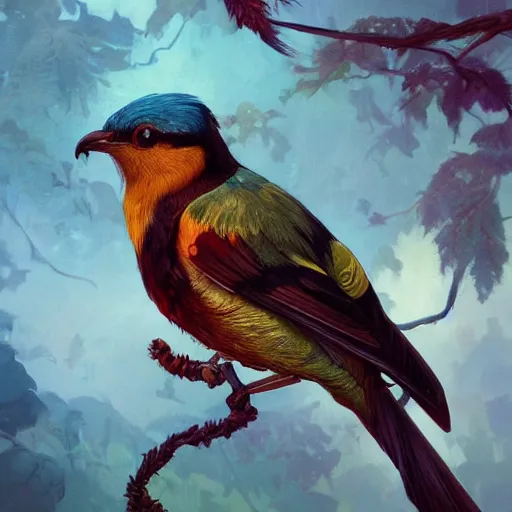 Image similar to close up of colorful bird, golden crown, dark, rusty, fantasy forest, highly detailed, realistic, artstation, concept art, smooth, sharp focus, illustration, art by artgerm and greg rutkowski and alphonse mucha