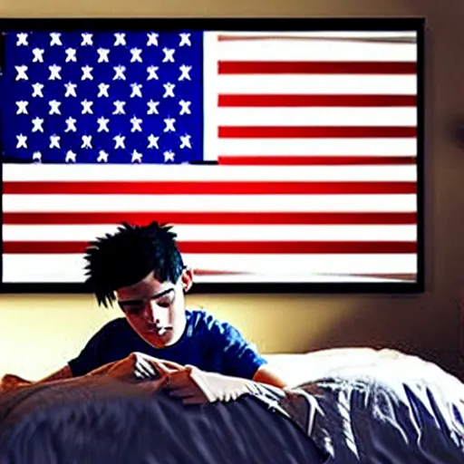 Prompt: American teenager with black hair playing ROBLOX on his computer in his bedroom, USA flag on the wall, France flag on the wall, highly detailed, full room, sad atmosphere, dark room, in the photo realistic