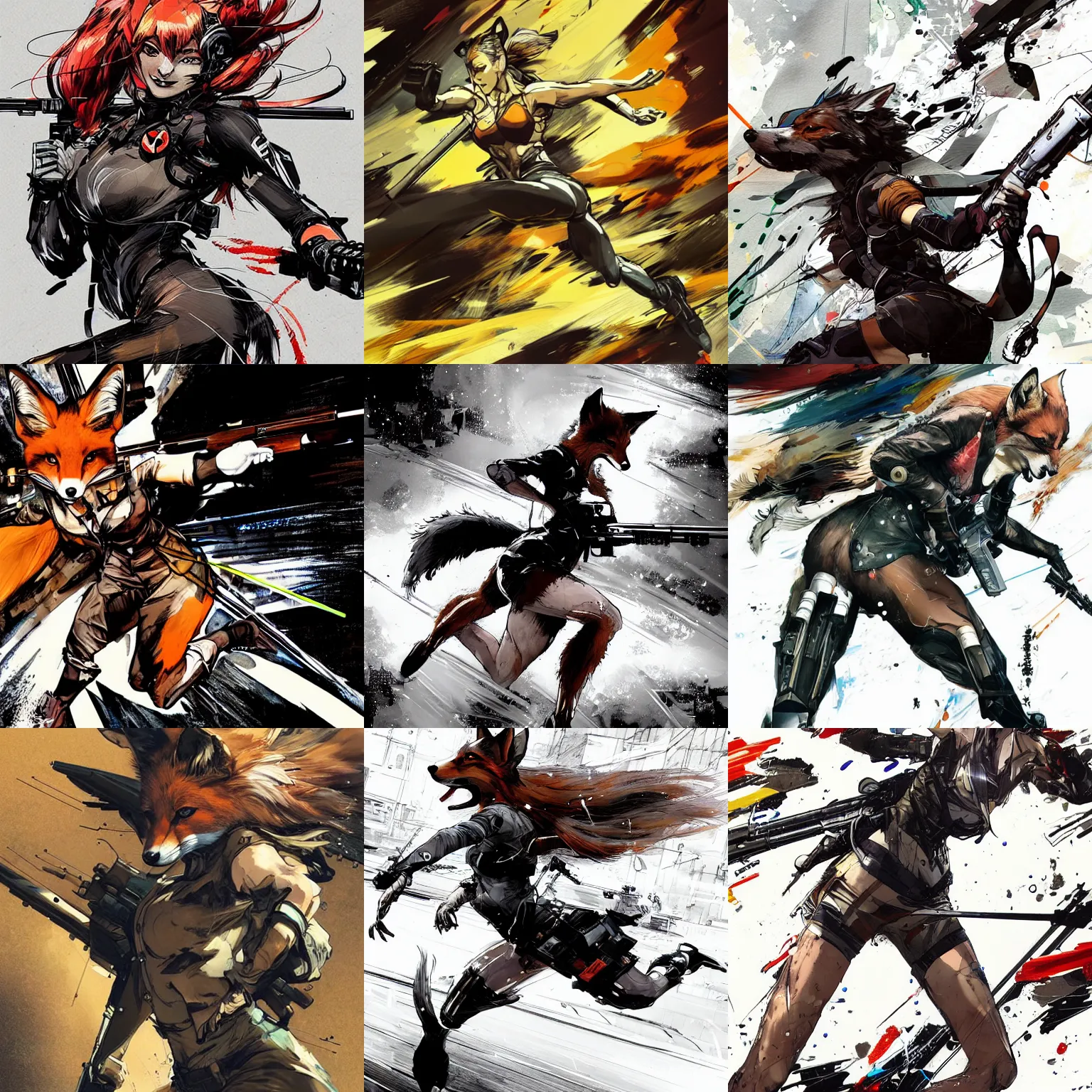 Prompt: a beautiful, dynamic illustration of an anthropomorphic fox woman shooting her winchester rifle while running. art by yoji shinkawa and sandra chevrier, trending on artstation, award - winning, perfect composition, motion blur.