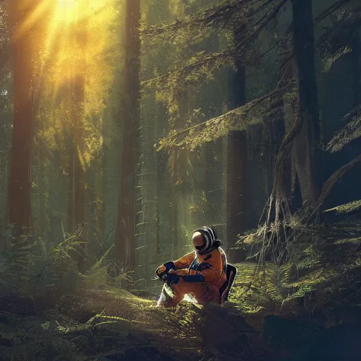 Prompt: american astronaut in the forest, plants environment, wide angle, cinematic lighting, atmospheric, realistic, octane render, highly detailed, cgsociety, in the style of craig mullins