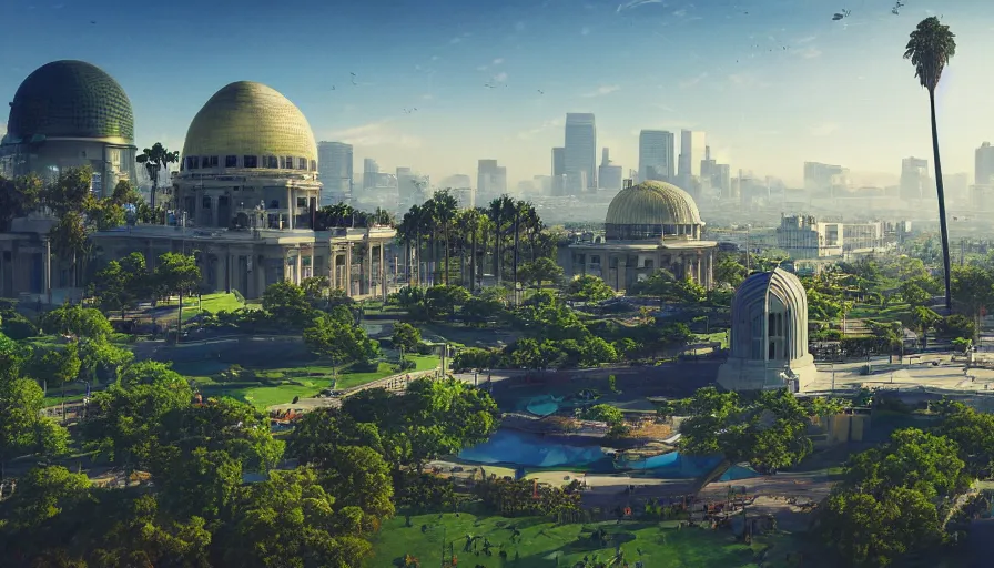 Image similar to giant green museum dome built in los angeles with parks, bench and water with city of los angeles very far away in the background, sunny day, hyperdetailed, artstation, cgsociety, 8 k