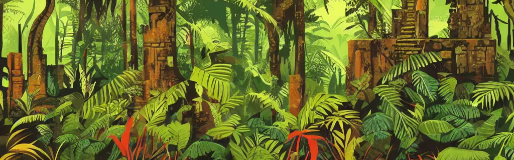 Prompt: jungle ruins rainforest, gouache, animated film, stylised, illustration, by paul felix, alex nino