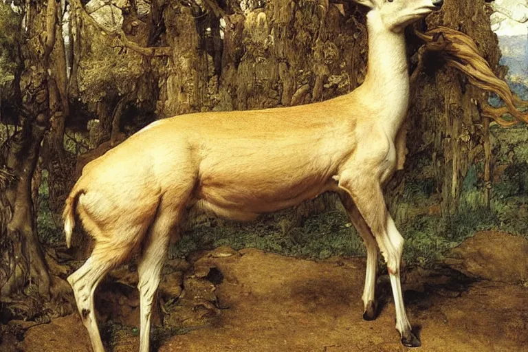 Prompt: Lama, Deer, Dog, Horse combined; fantastic sick beast. Skin of beast is infected exposed damaged skin inflated blisters by Arthur Rackham, Eugene de Blaas, Frederic Leighton, Tom Bagshaw, Ivan Shishkin, Hans Thoma, Asher Brown Durand