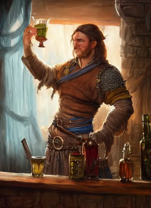 Image similar to barkeep in a tavern, ultra detailed fantasy, dndbeyond, bright, colourful, realistic, dnd character portrait, full body, pathfinder, pinterest, art by ralph horsley, dnd, rpg, lotr game design fanart by concept art, behance hd, artstation, deviantart, hdr render in unreal engine 5