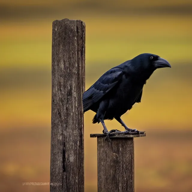 Image similar to crow on a fence post, nature photography, wildlife photography canon, sony, nikon, olympus, 4 k, hd, telephoto, award winning, depth of field, golden hour