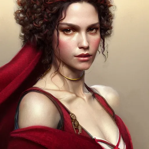 Prompt: portrait of a gorgeous italian aristocrat girl with ringlets wearing crimson robes, HD, D&D 4k, 8k, incredibly detailed, intricate, masterpiece, digital illustration by greg rutkowski and tom bagshaw, trending on artstation, character design, concept art
