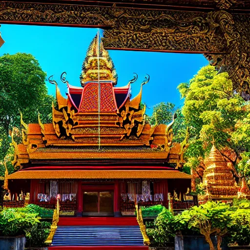 Prompt: Temple of the Golden Buddha in Chiang Mai, Thailand. , Unreal Engine, Highly Detailed, Dramatic Lighting, beautiful raking sunlight, apartments with colorful balconies, flowers, Forest and waterfall, 4K, 8k, high quality