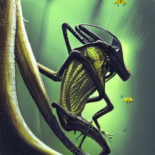 Image similar to yellow dart frog, xenomorph, jumping to a leaf, hunting a mosquito, by artist giger, concept art for movie, low saturated colors, extreme detail, 4 k, detailed concept art, realistic lighting, sharp focus, backlit