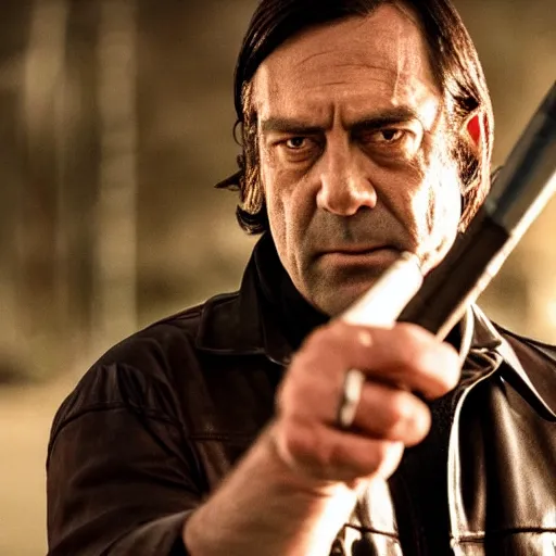 Prompt: cinematic still from the walking dead tv show with negan played by anton chigurh, anton is smirking and holding baseball bat, dark