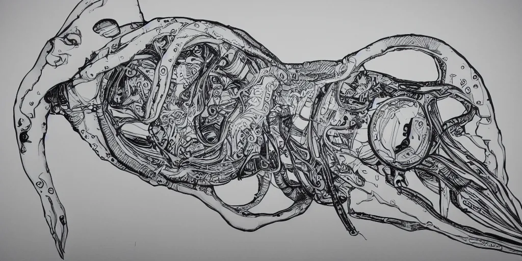 Image similar to ultra precise fineliner drawing of a machine which embeds a man inside a squid, minimal injury, maximal squidification. black marker pen on white gloss paper. gallery quality, winner of nobel prize for insanity