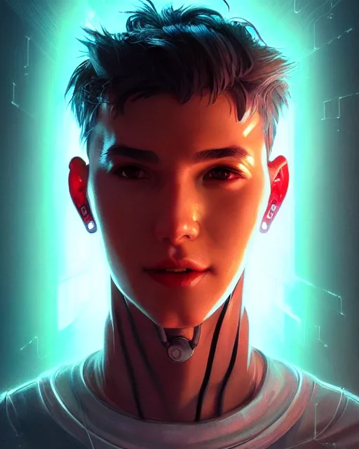 Prompt: portrait, cute boy monster, cyberpunk, wires, horror, happy, highly detailed, digital painting, cinematic, hyperrealism, dark retrowave, art by stanley lau and artgerm and magali villeneuve and alphonse mucha, artstation, octane render, cgsociety